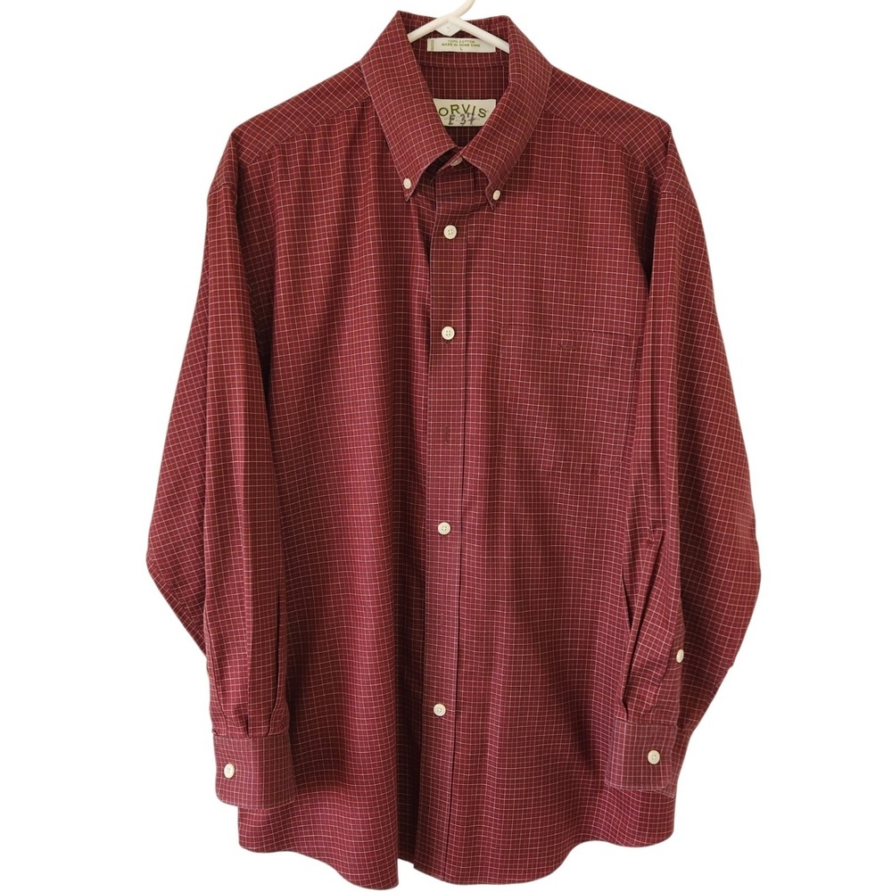Orvis Mens Shirt Plaid Long Sleeve Pocket 100% Cotton Heavy Material Red Size M